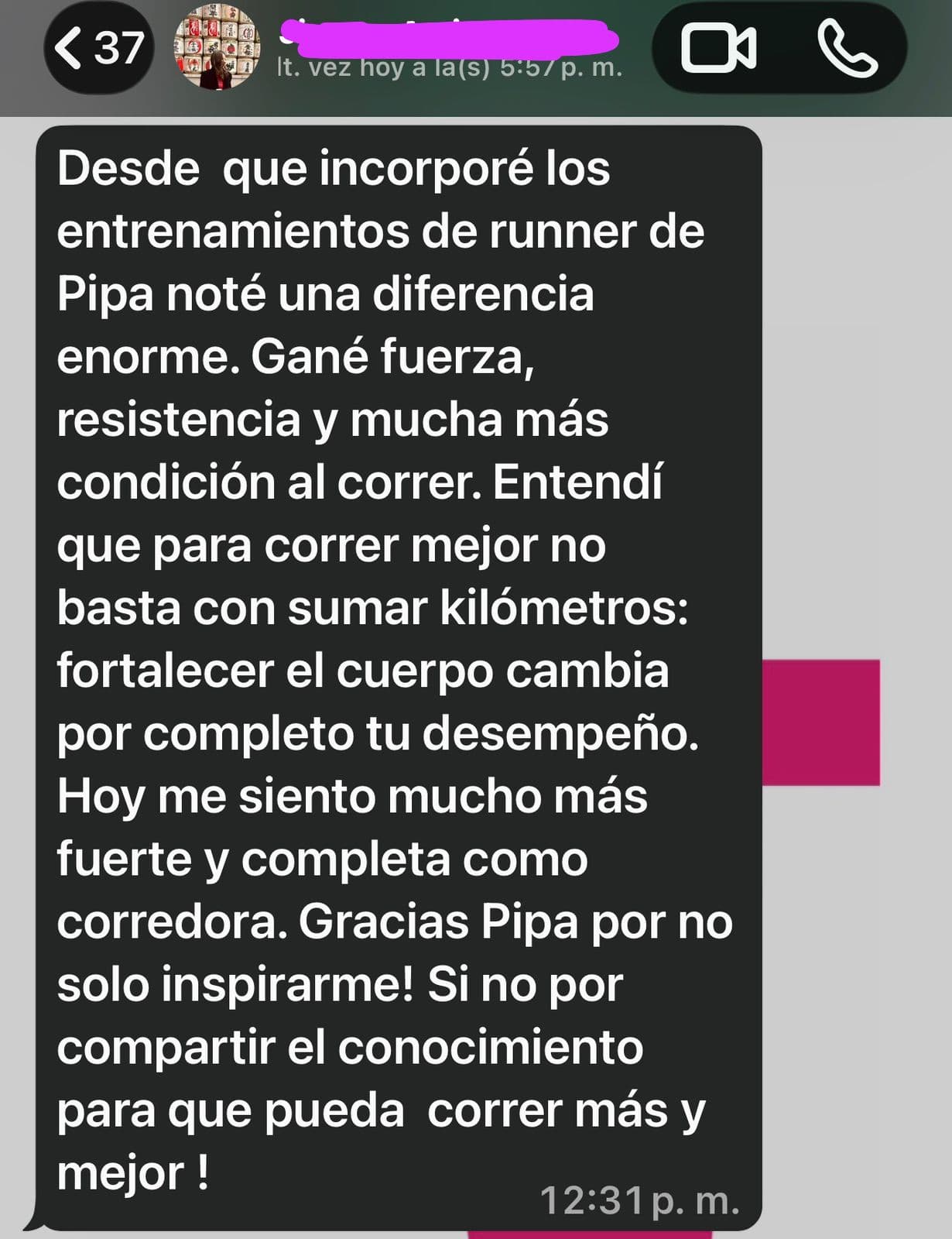 Captura de conversación con el testimonio de JIMENA, alumna del Método Run Stronger