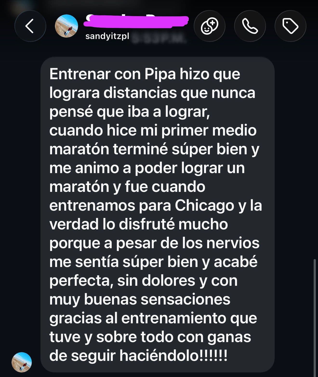 Captura de conversación con el testimonio de SANDRA, alumna del Método Run Stronger