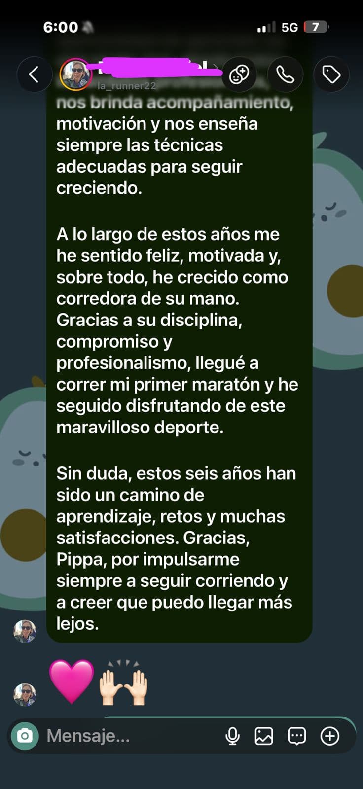Captura de conversación con el testimonio de MARIEL, alumna del Método Run Stronger