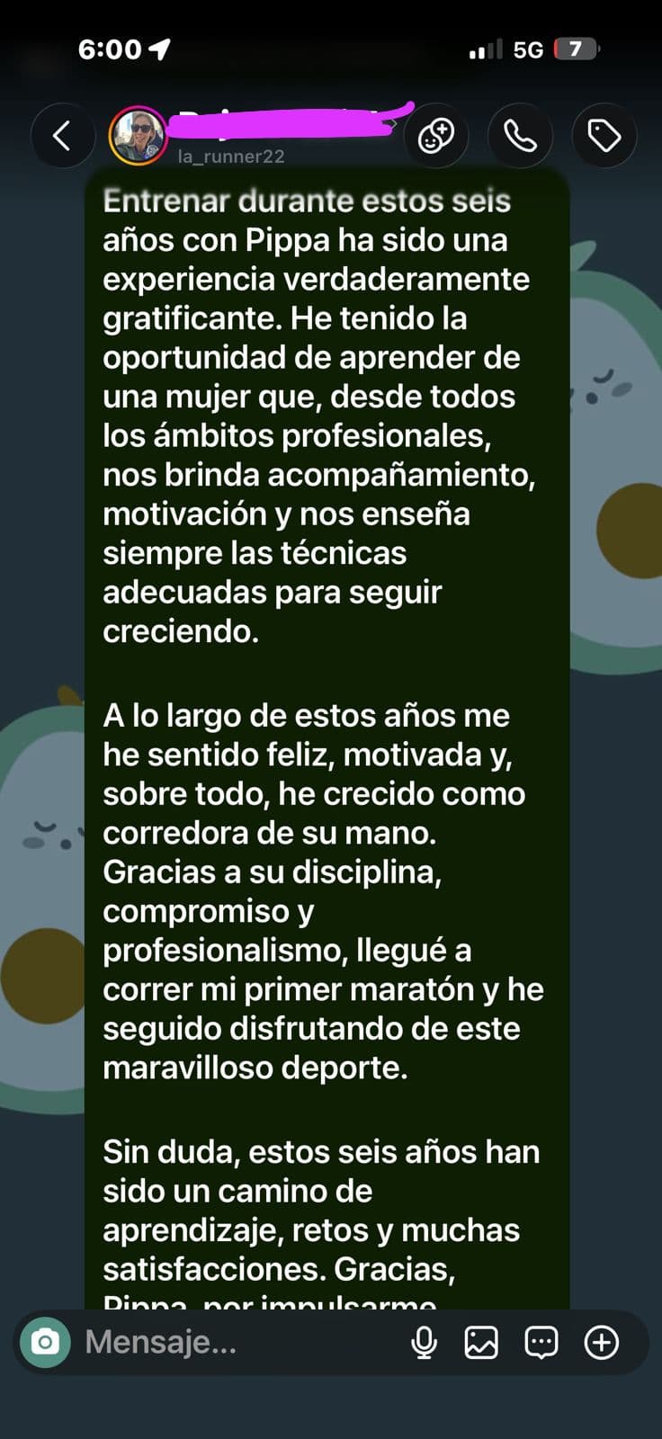 Captura de conversación con el testimonio de MARIEL, alumna del Método Run Stronger